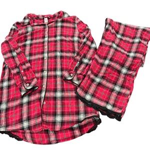 Victoria's Secret Dreamer L Red Plaid Lace Trim PJs Lounge Set